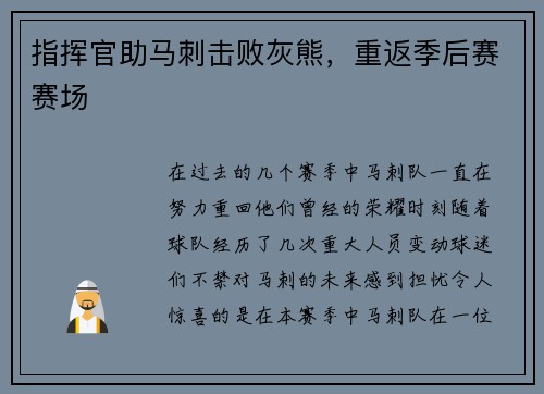 指挥官助马刺击败灰熊，重返季后赛赛场
